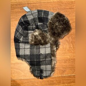 Kohl's Gray and Black Plaid Faux Fur Trapper Hat